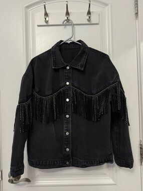 Black Fringe Stud Denim Jacket